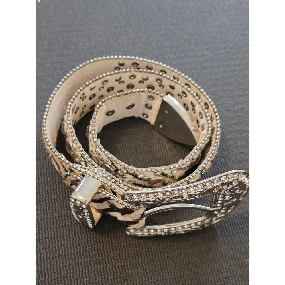 Atlas Western Calf Hair Zebra Print Pink Rhinestones Silver Studded Belt 34 XS